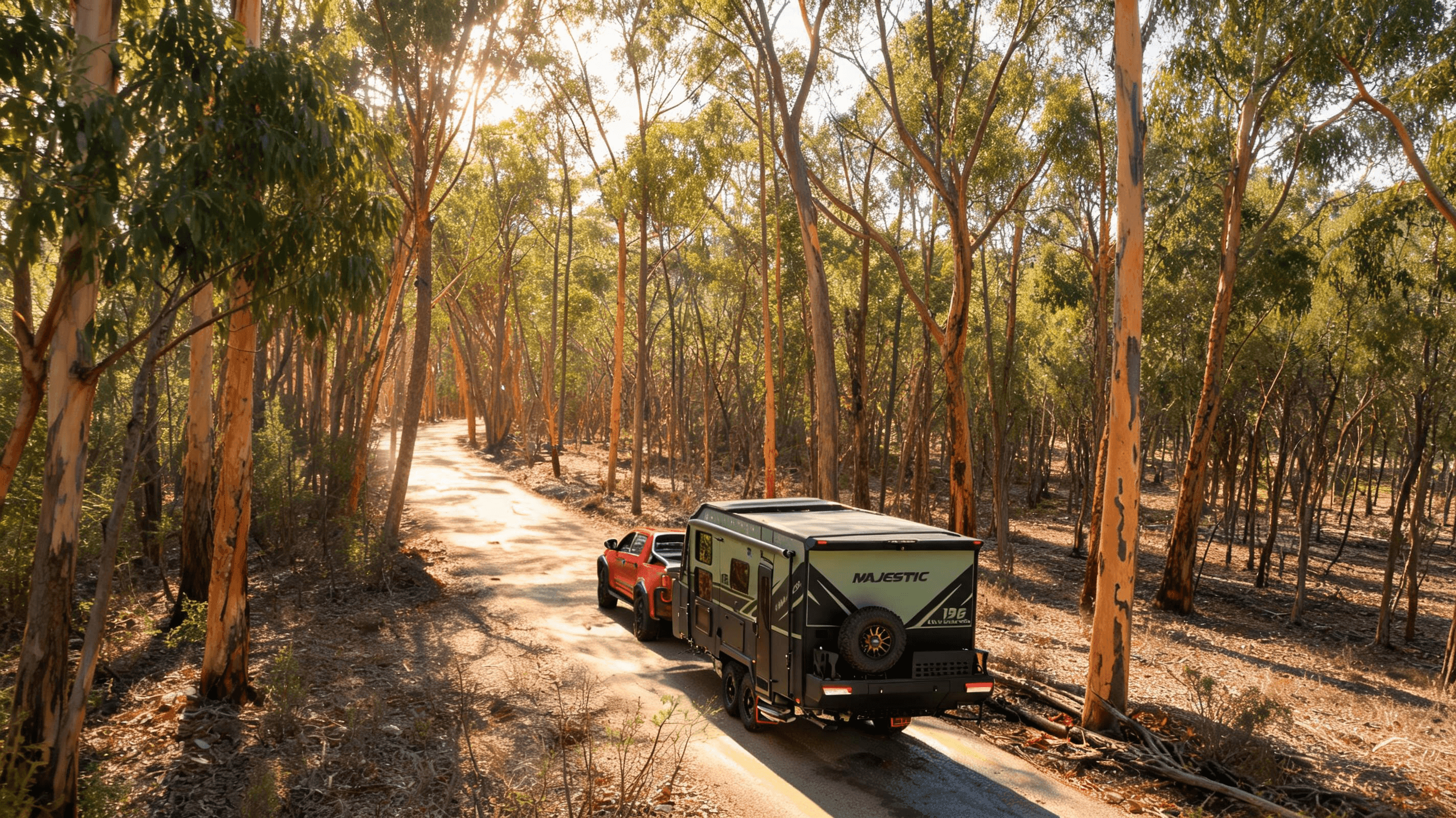 Majestic Navigator towed along a gum forest track in golden light