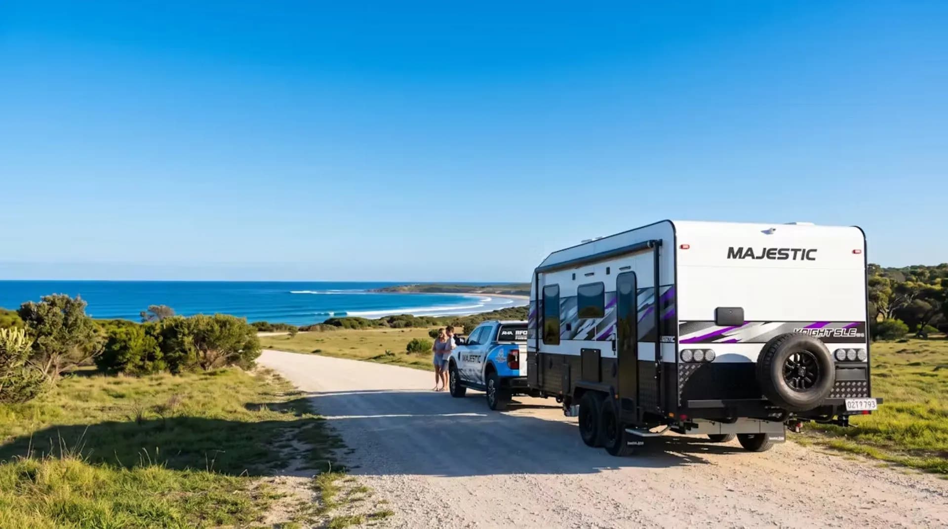 Majestic caravan towed on a coastal track