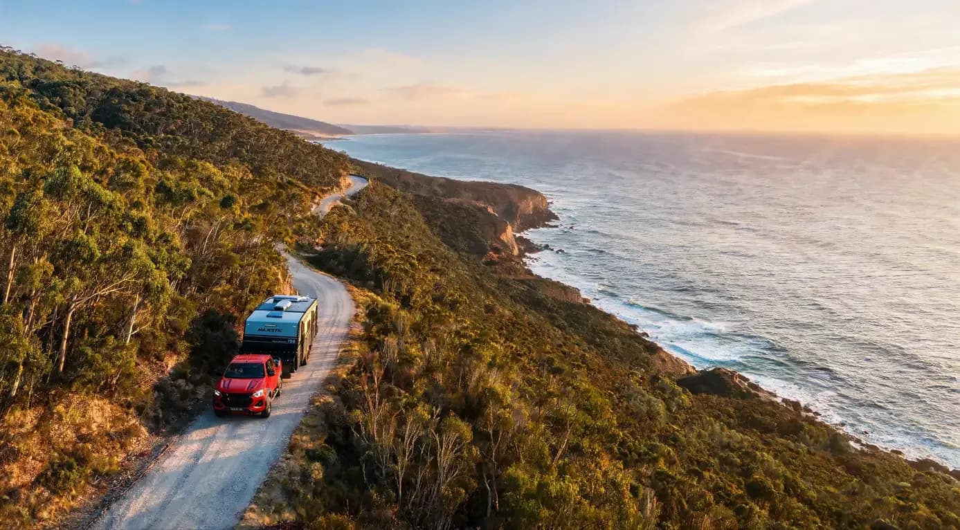 Majestic Navigator 196 towed down a coastal gravel road at sunset